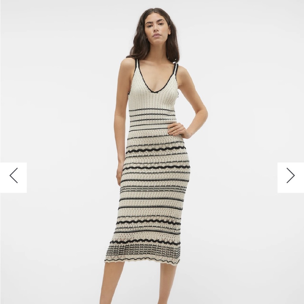 Vero Moda Black and Cream Striped Midi Dress